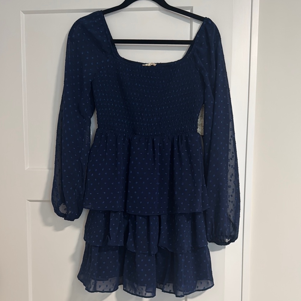 Altar’d State Navy Blue Swiss Dot Long Sleeve Mini Dress